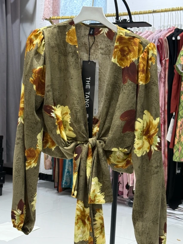 复古印花翻领长袖雪纺衬衫女春季休闲百搭外穿开衫