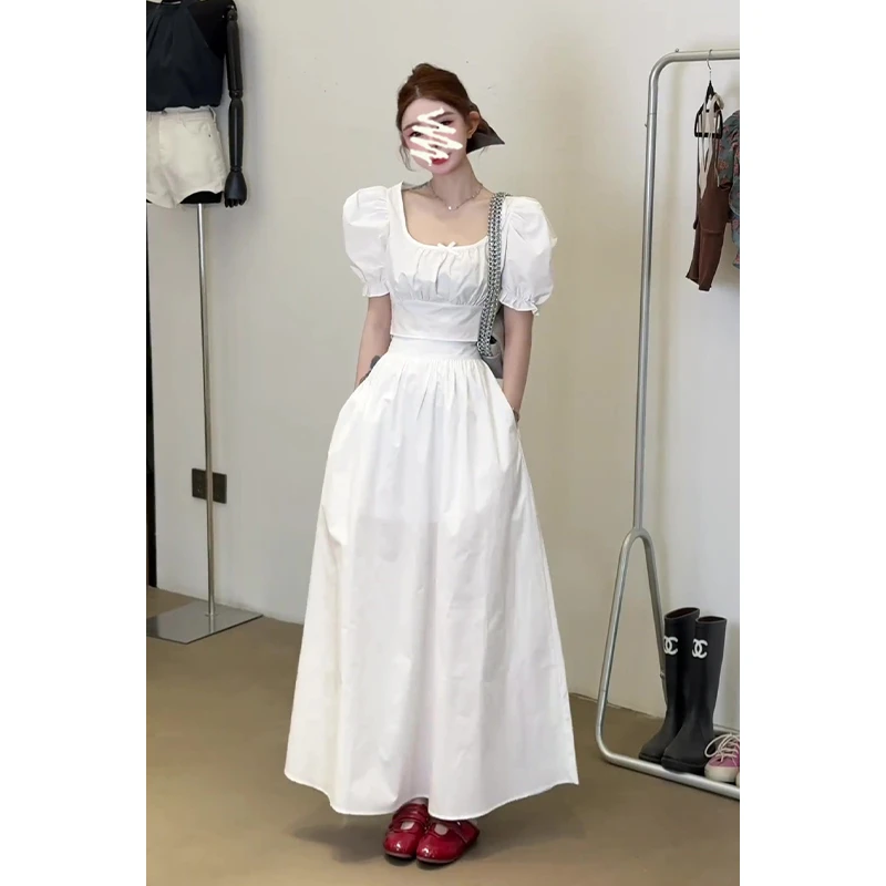 2025夏季新款女法式气质方口领泡泡袖修身上衣百搭高腰显瘦半身裙