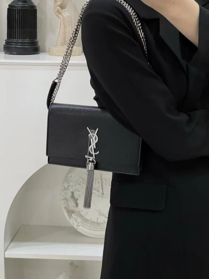 99新 YSL/圣罗兰 kate流苏woc黑银荔枝单肩包/甄选