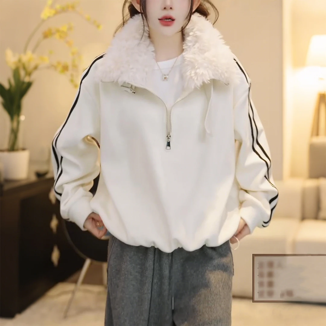 韩系白色毛领双杠长袖卫衣女秋冬季新款高级时尚好看漂亮抽绳上衣