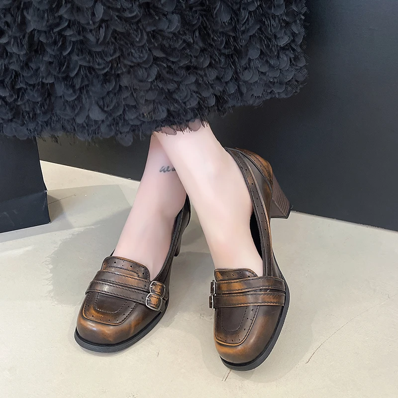 小众设计感晕染擦色复古高跟鞋女2025年春季新款百搭粗跟玛丽珍鞋