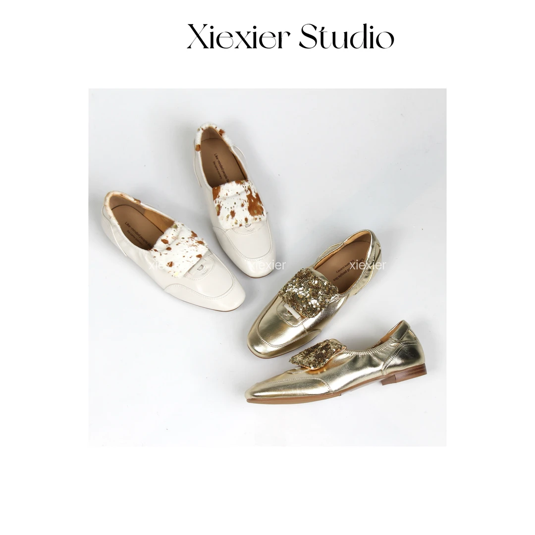 谢喜儿 | 法式小众牛皮翻盖亮片平底圆头真皮深口单鞋