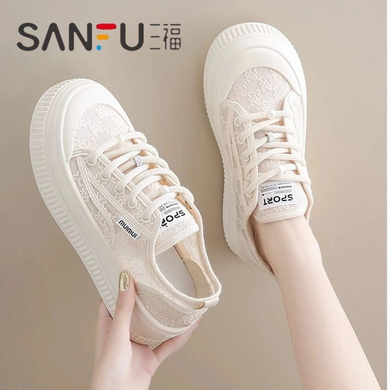 三福2025夏季新款爆款网面透气小白鞋女百搭蕾丝薄款休闲运动板鞋