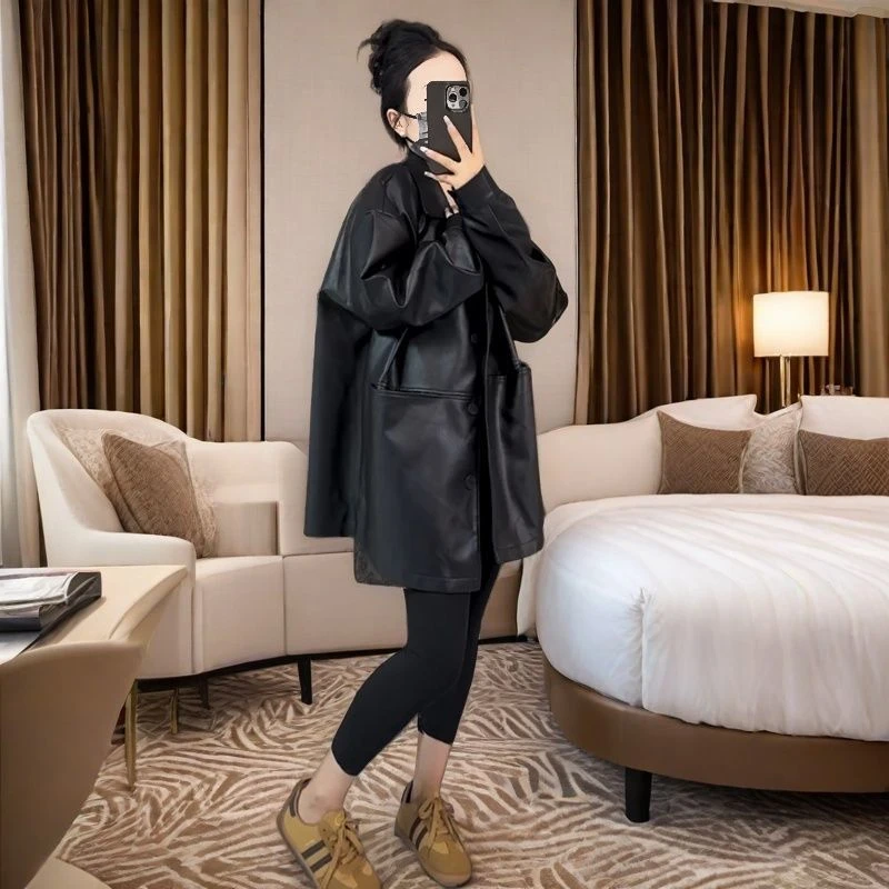 宽松polo领皮衣女欧洲站2025春季高级感新款时尚百搭休闲纯色外套