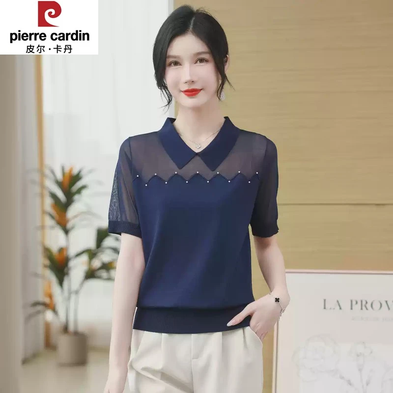 皮尔卡丹娃娃领冰丝短袖t恤女夏季网纱拼接设计感薄款翻领针织衫