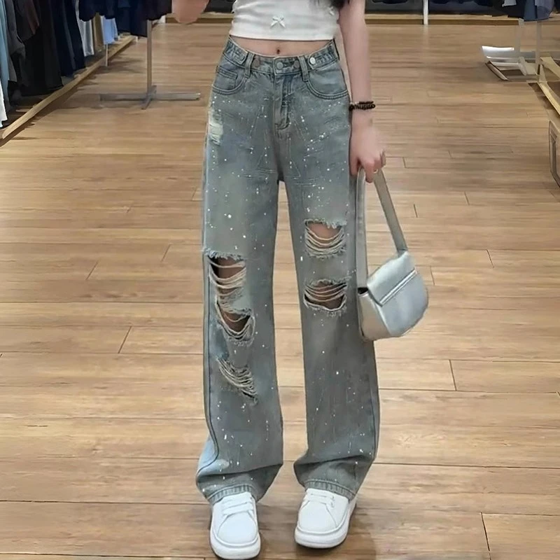 大码重工高腰烫钻破洞阔腿牛仔裤女早秋新款百搭显瘦直筒拖地长裤