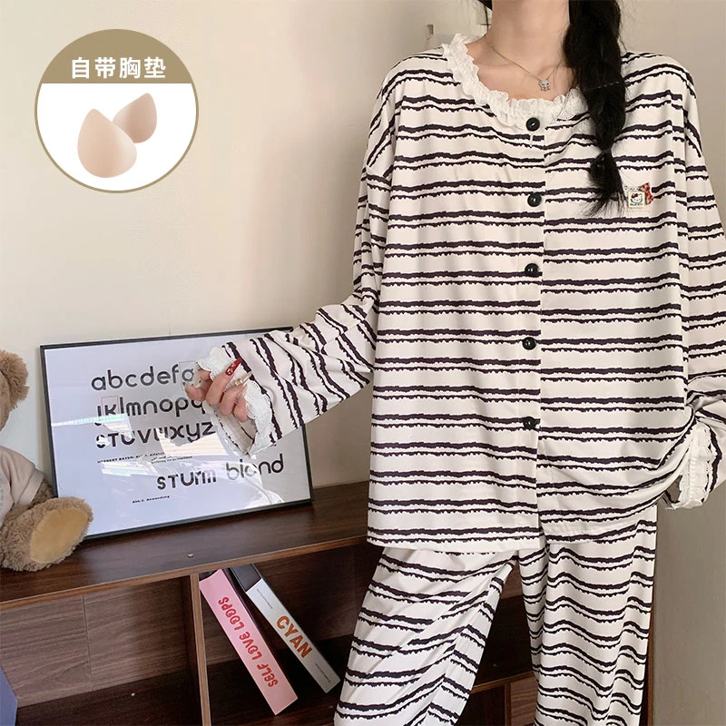 春秋季爆款ins风黑白条纹睡衣女款长袖开衫小个子法式家居服套装