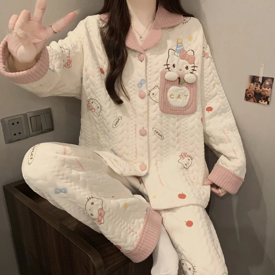 韩系卡通保暖夹层可爱睡衣女秋冬加厚长袖空气夹层外穿家居服套装