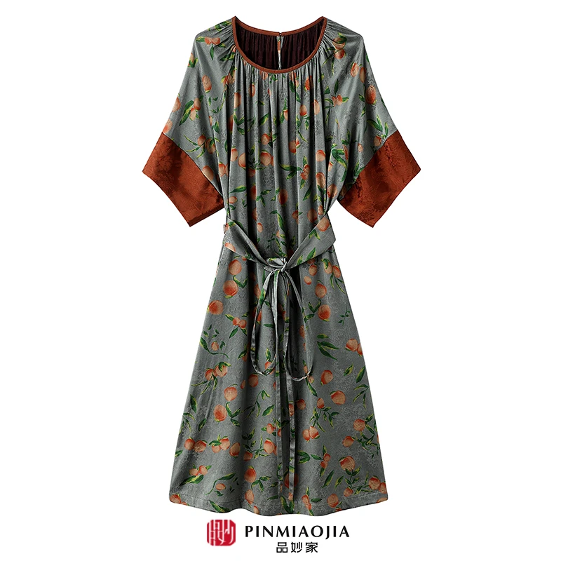 品妙家【桃之夭夭】桑蚕丝香云纱夏季新款显瘦连衣裙气质宽松系带女