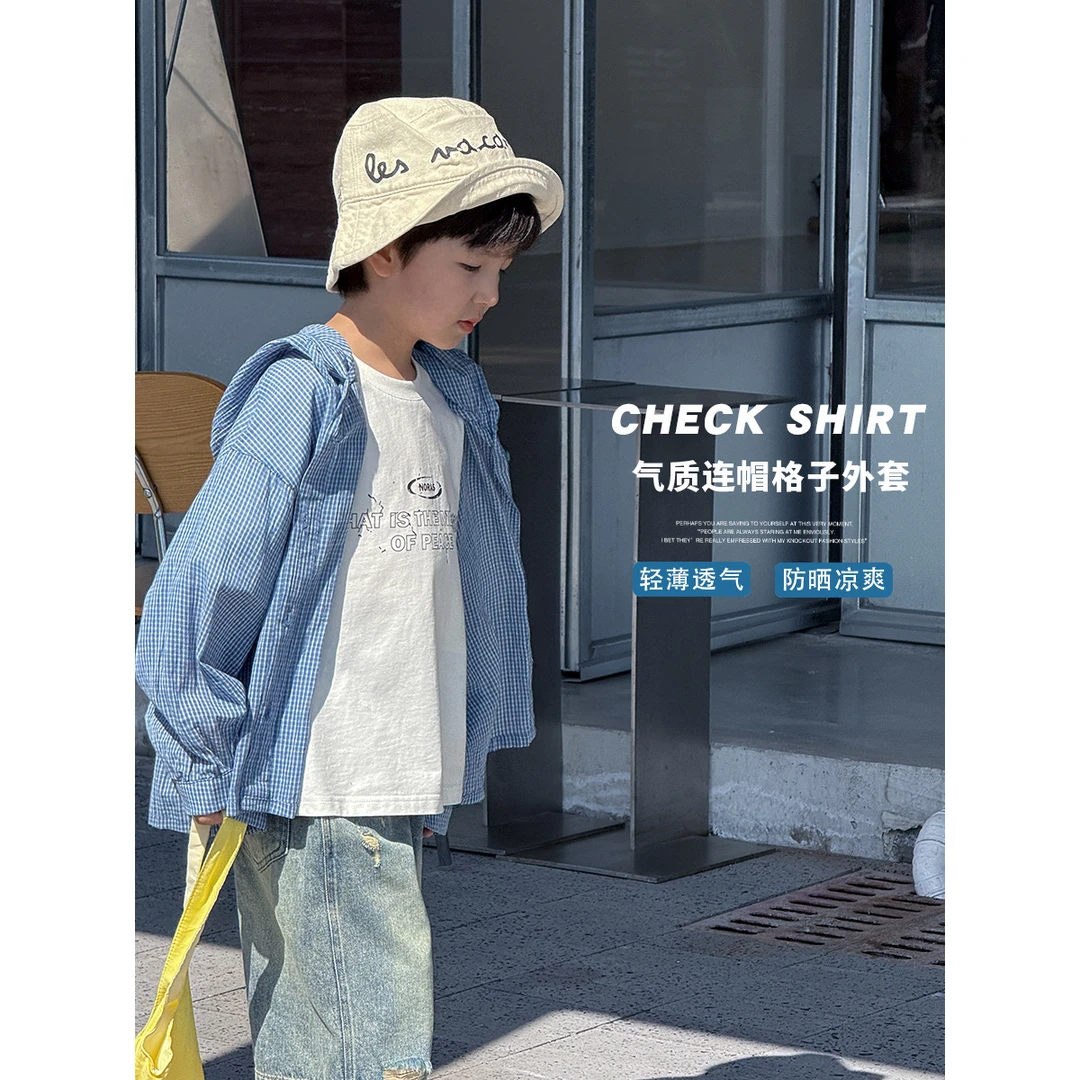 in 爱：mg25夏季儿童舒适透气防晒连帽衫男女童轻薄款格子外套119