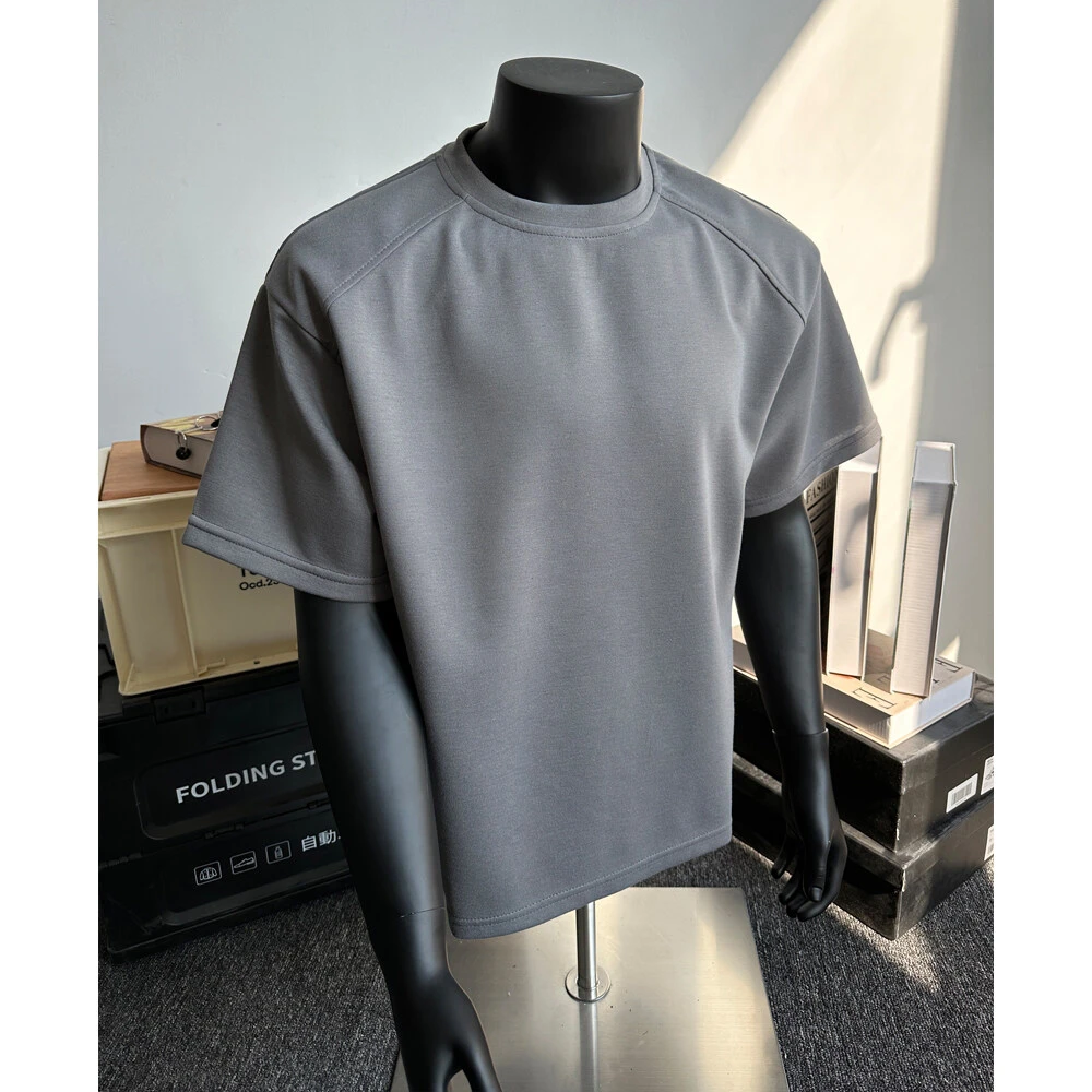 显肩宽设计感剪裁纯色圆领短袖T恤男夏季宽松重磅休闲潮流上衣服