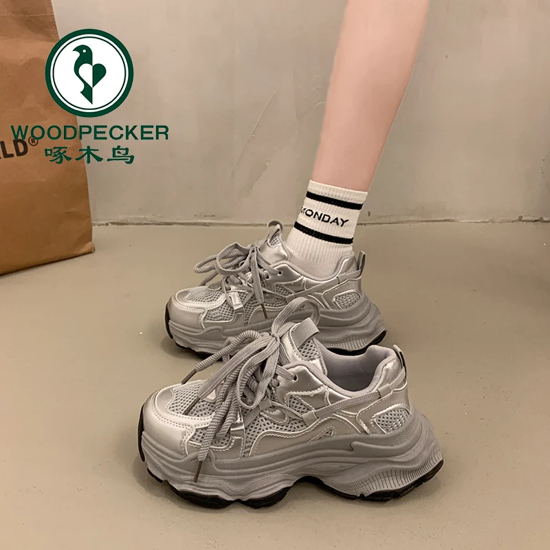 啄木鸟小个子厚底增高银色老爹鞋女2025秋季新款百搭休闲运动鞋子
