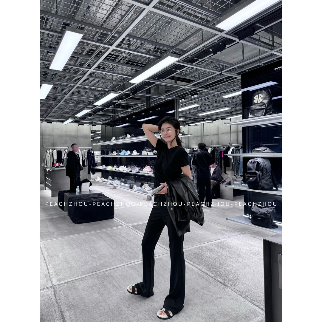 『PEACHZHOU』莱赛尔弹力正肩修身圆领短袖松紧腰微喇长裤显瘦套装
