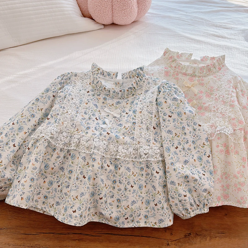 女童碎花娃娃衫春季新款韩系女宝宝法式甜美蕾丝长袖纯棉上衣春装