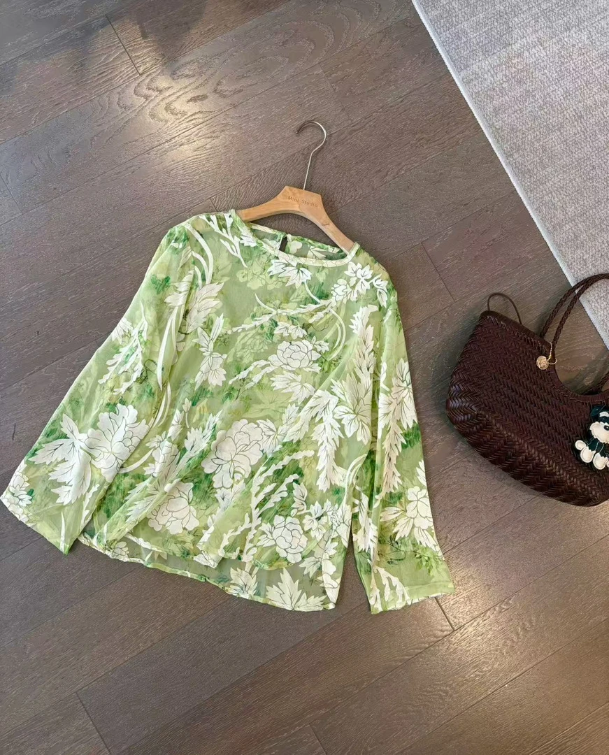 Art li人丝面料夏日清新绿印花上衣宽松微透仙女氛围感拉满2F16-7