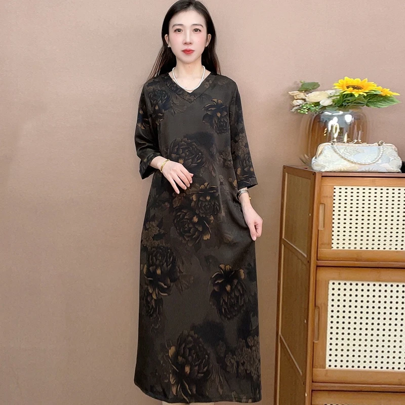 墨影丹裙V领 气质中长款时连衣裙百搭遮肉裙子