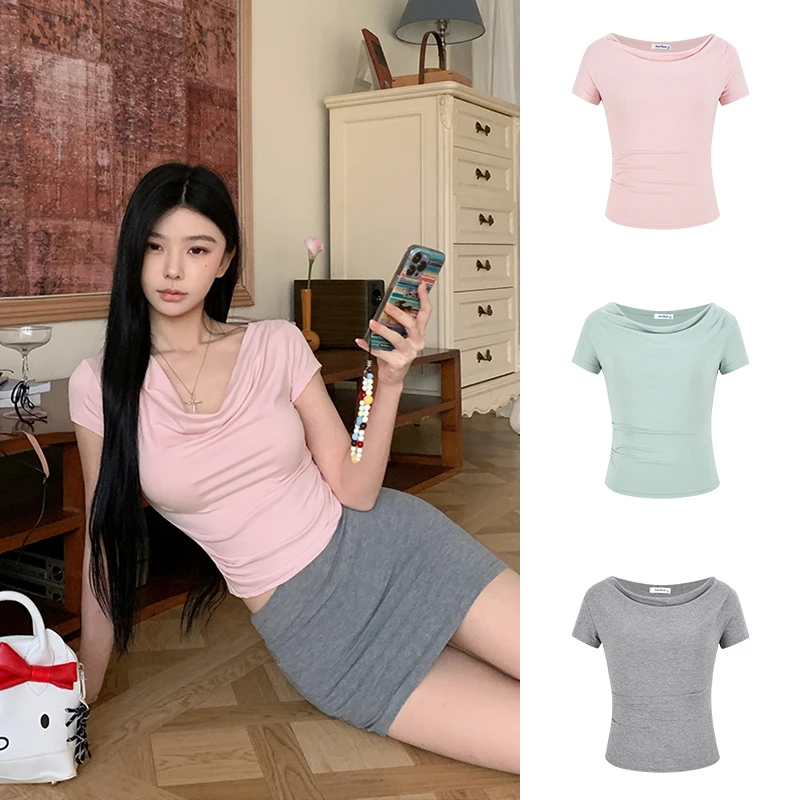 Moses Queen/魔西女王纯欲辣妹褶皱荡领短袖T恤掐腰一字肩短上衣