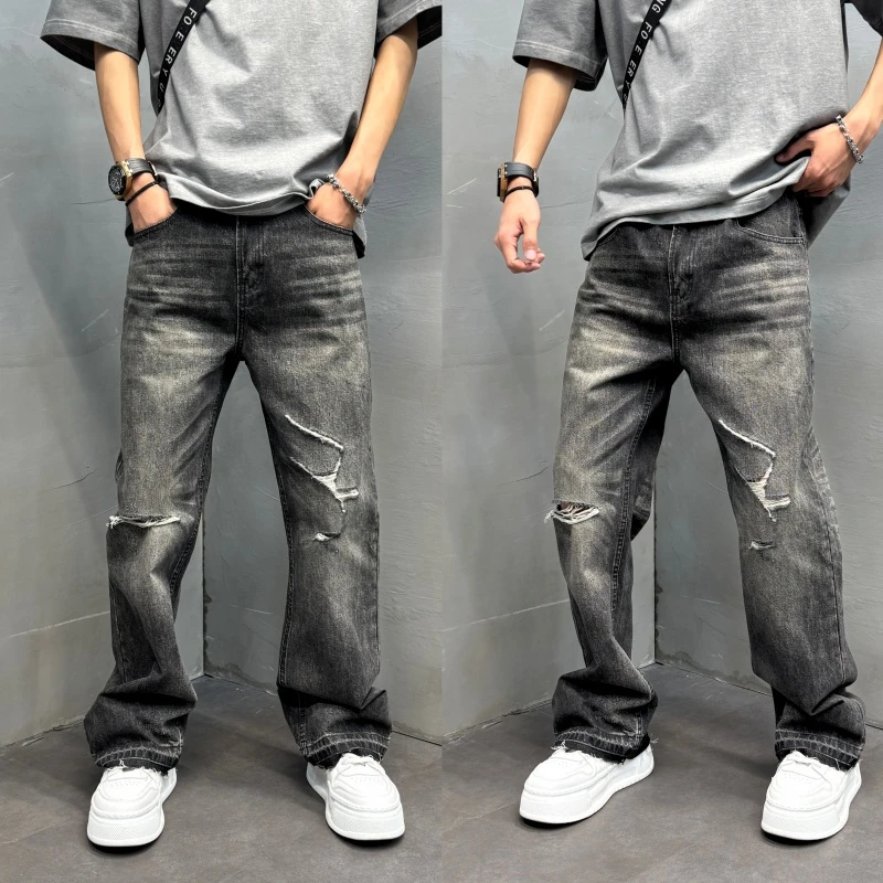 新款复古设计感美式高街破洞修身韩版水洗做旧宽松百搭潮流裤子