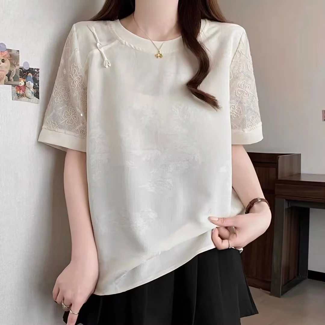 （山河）提花新中式拼接夏季短袖T恤重磅百搭中国风半袖宽松t恤