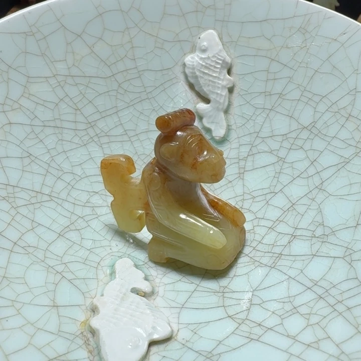 策***涯瓷片双鱼青瓷开片大碗