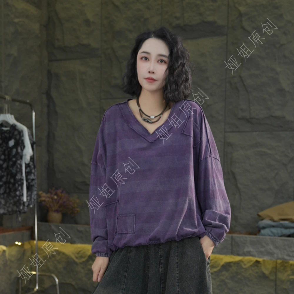 G31 秋季新款长袖V领卫衣慵懒风女装宽松休闲长袖大版秋款