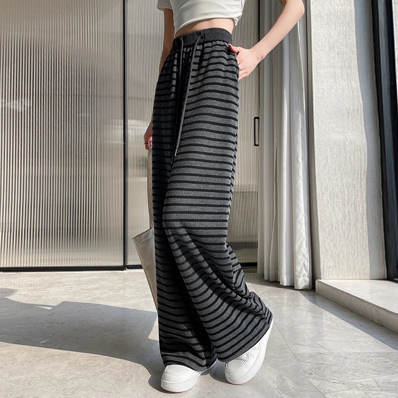 2025春夏新款时尚复古条纹阔腿裤女休闲松紧腰抽绳高腰显瘦直筒裤