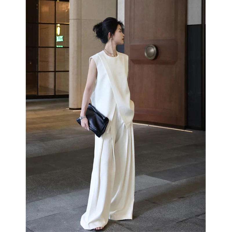 夏季干练气质女装高级感御姐女神范时尚不规则西装马甲阔腿裤套装