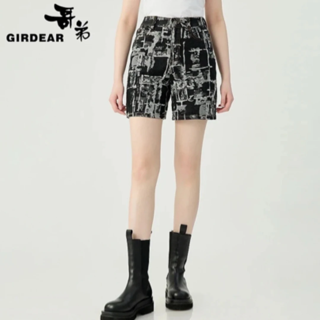 哥弟春夏新款印花高腰小香风时尚潮流显瘦百搭牛仔中短裤110003