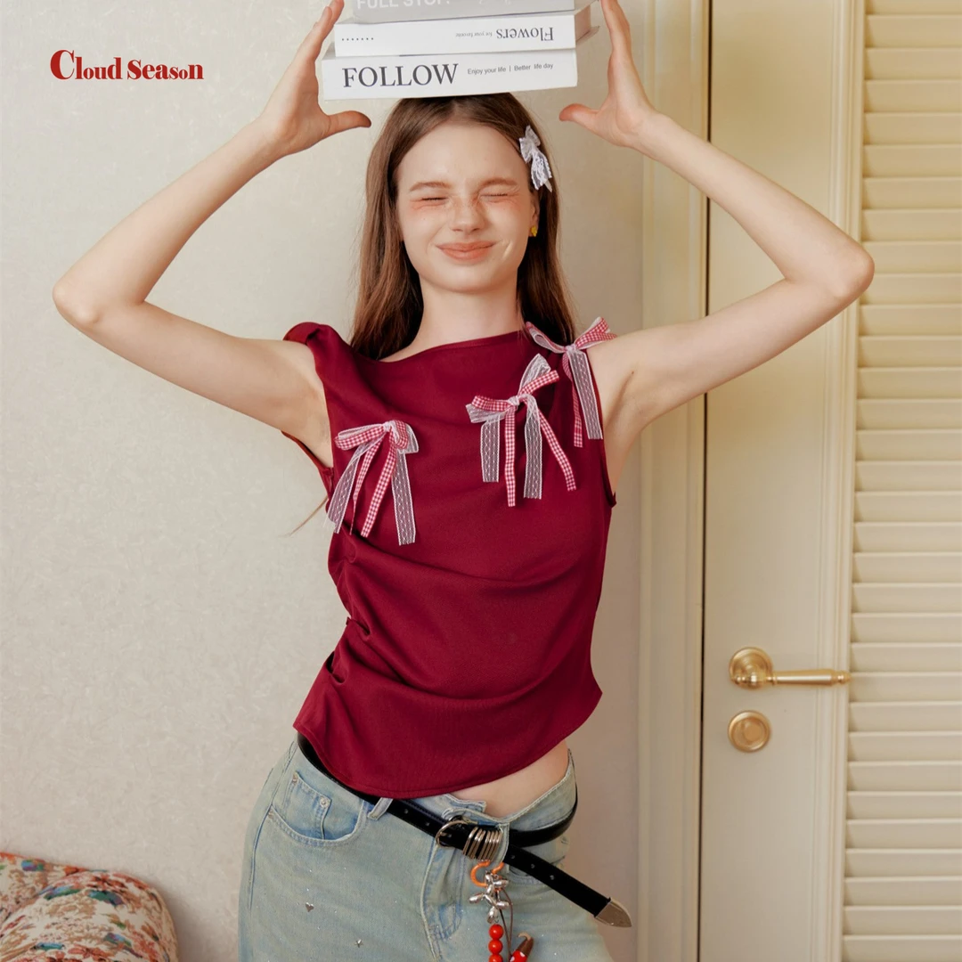 CLOUDSEASON甜心贩卖机上衣女夏无袖上衣女2025新款爆款斜肩上衣