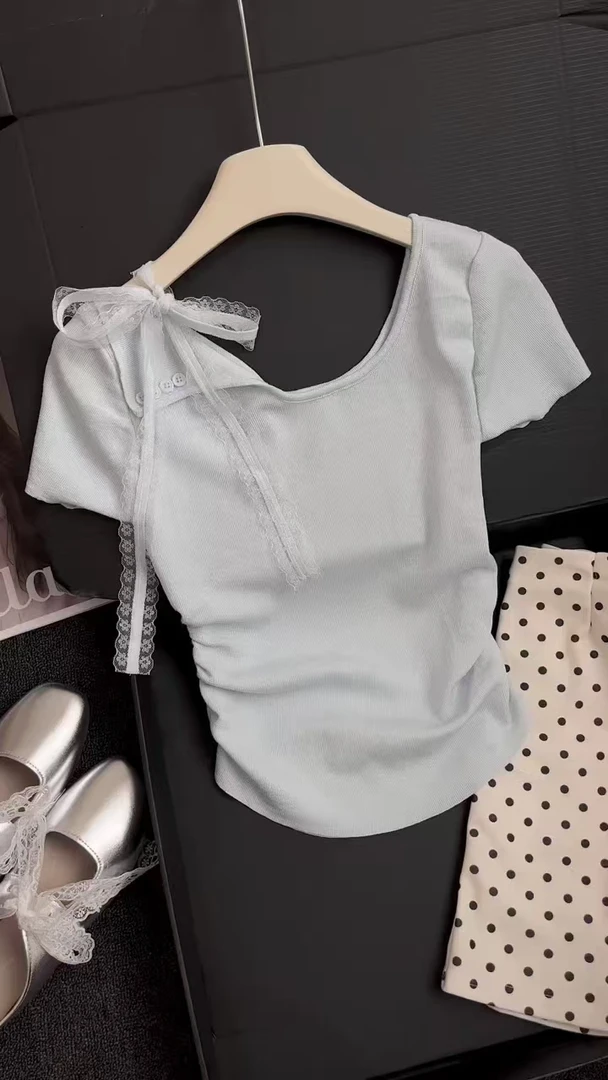 2025年新款女装短款蝴蝶夏季短袖时尚修身美式英伦风纯色薄款上衣