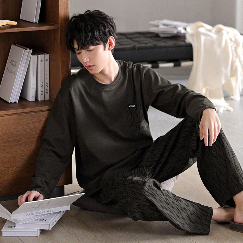 愉生活春秋季男士睡衣纯棉长袖长裤秋冬天休闲风家居服宽松套装