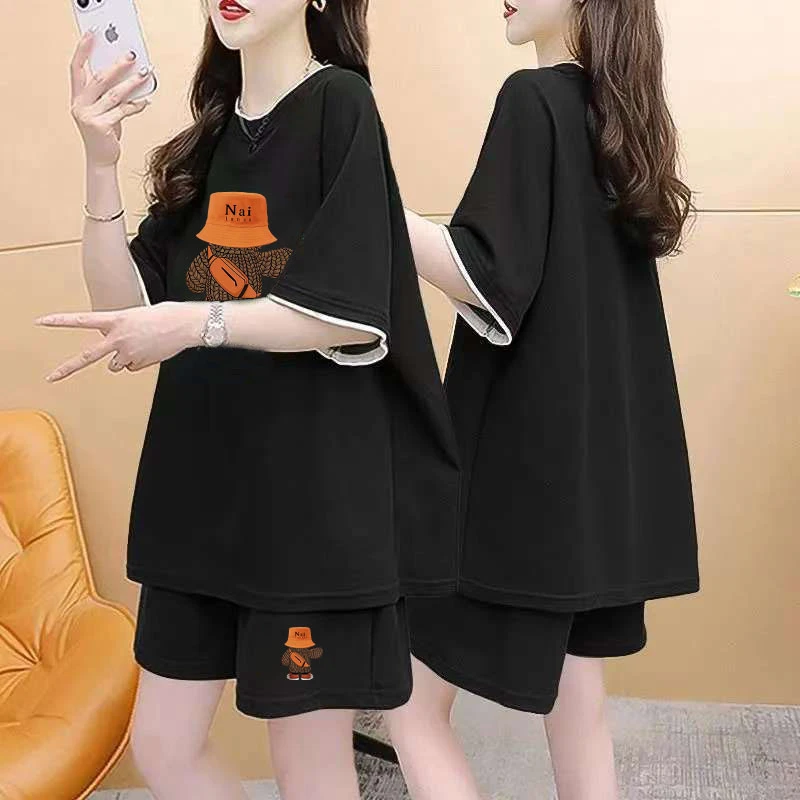 休闲时尚运动服套装女夏季2025新款韩版宽松小个子短袖短裤两件套