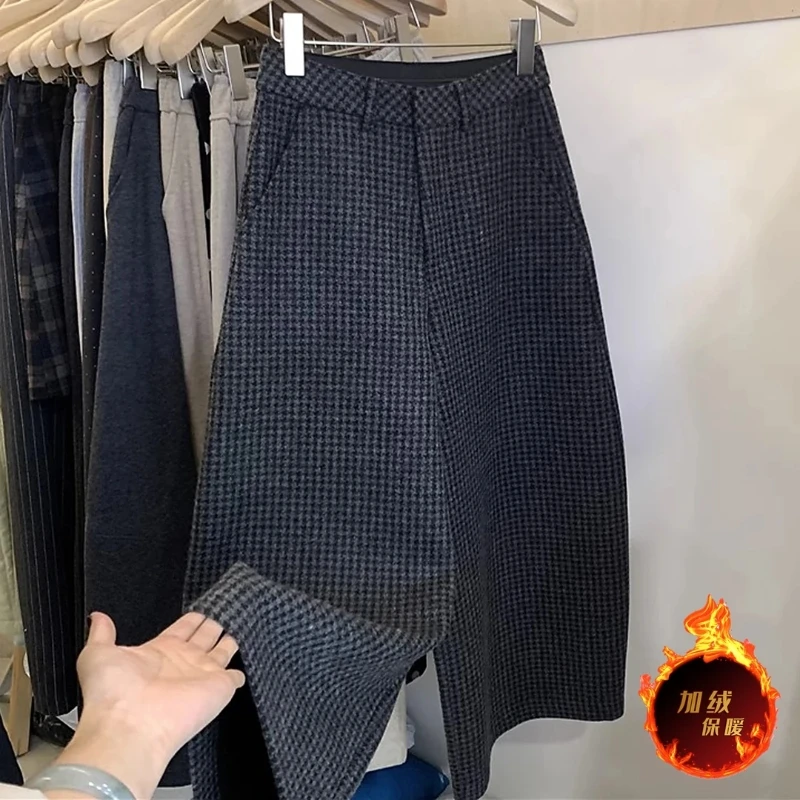 欧货加绒加厚阔腿格子裤女2025冬季新款小个子宽松显瘦休闲九分裤