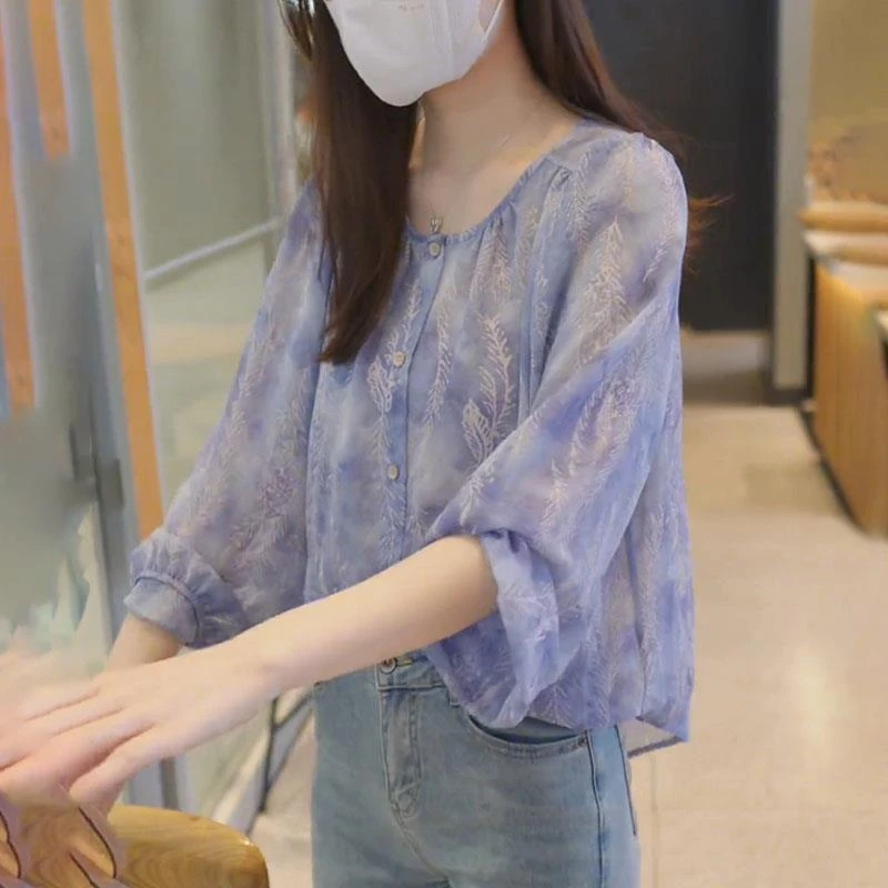 哥弟阿玛施正品蓝色碎花衬衫女士夏季2025新款宽松时尚减龄独特漂