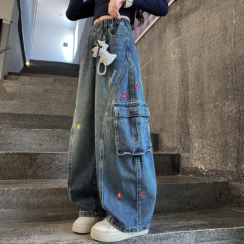 女童牛仔工装裤春秋裤子2025新款韩系中大童时尚潮流宽松阔腿裤潮