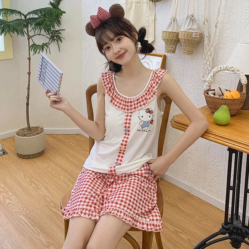 卡通hellokitty睡衣女夏季莫代尔吊带短裤带胸垫一体奶辣风家居服