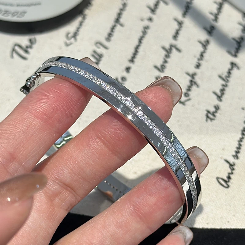 925银手镯 光面微镶一排钻搭扣手镯戒指小众设计轻奢简约时髦手环