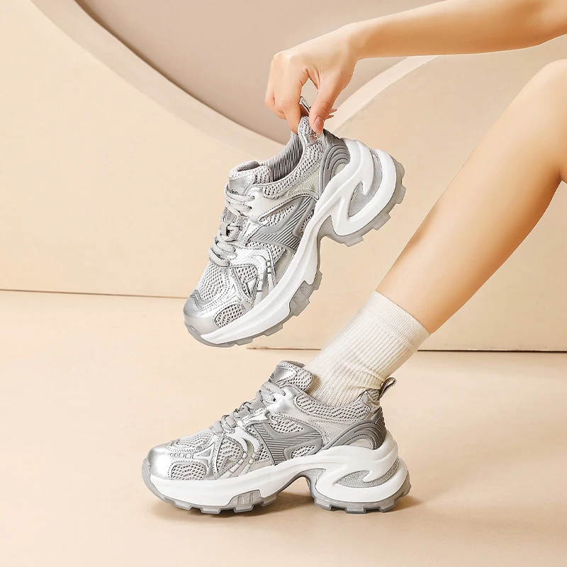 奥古狮登AG711银色老爹鞋女2025百搭爆款新款春秋季运动鞋子厚底A