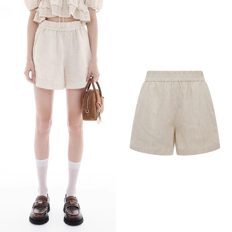 【短裤】2025夏季新款休闲松紧腰竖条纹宽松裤子女V6248
