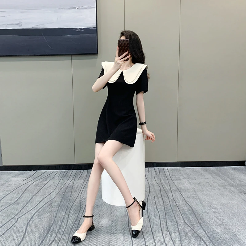 法式黑色显瘦小香风娃娃领连衣裙女小个子时尚气质短裙夏季赫本风