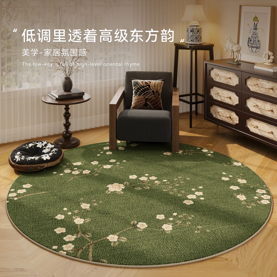 中古风绿色圆形地毯免打理休闲区阳台防滑垫新中式衣帽间转椅地垫