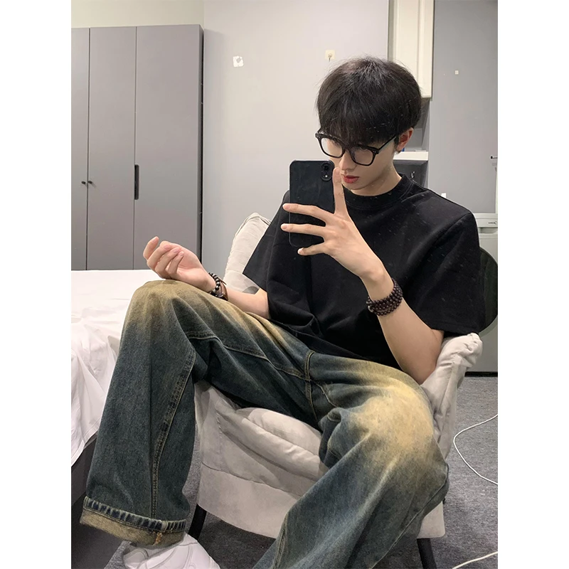 夏季cleanfit2025黑色T恤小领口纯色短袖男重磅美式纯棉情侣半袖