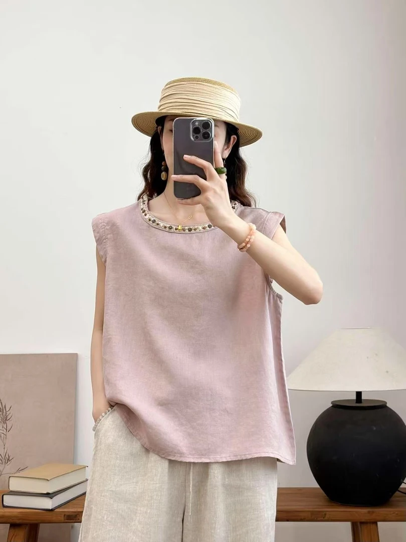 2025夏季新款100%亚麻领口手工珠绣文艺减龄百搭显瘦气质小衫