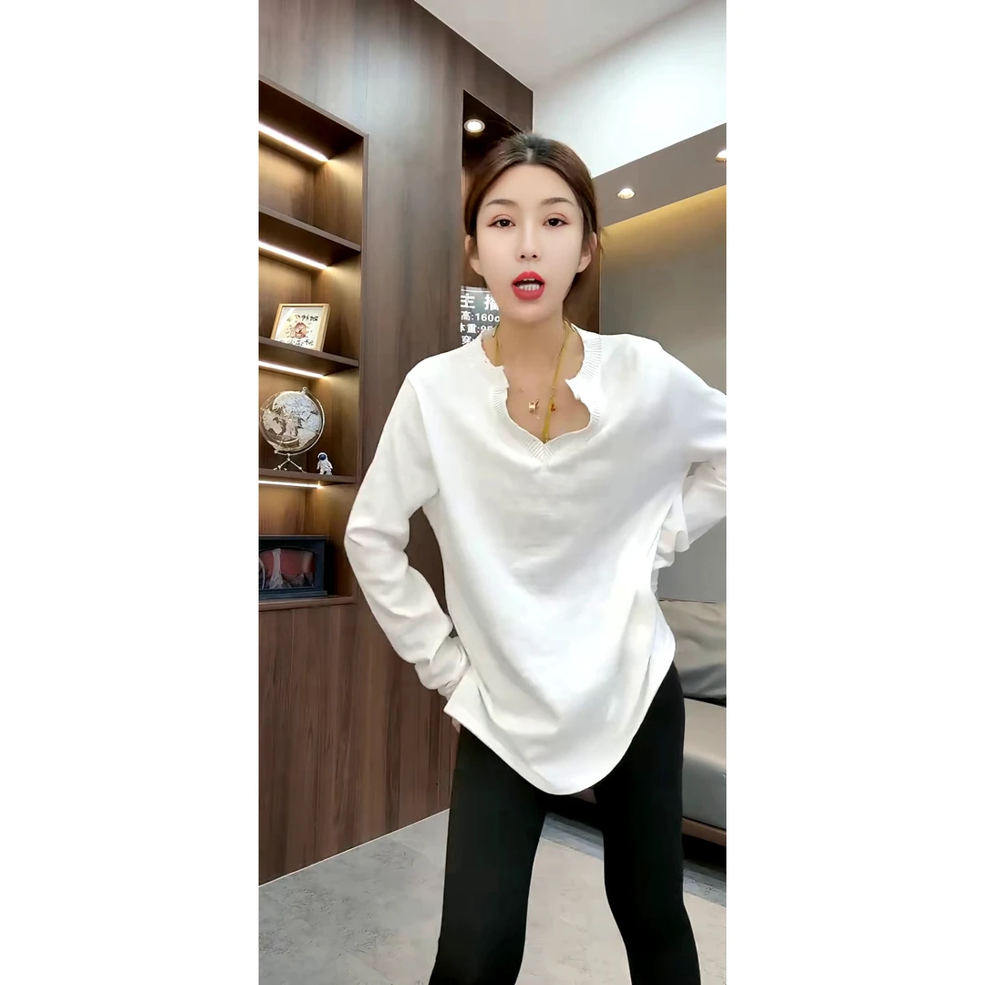 欧货新款宽松极简风纯色V领开叉长袖打底衫