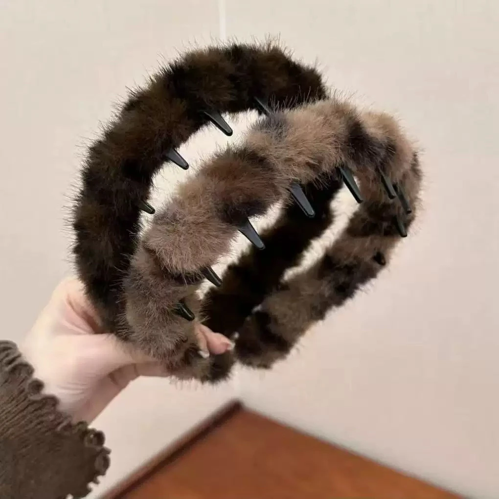 秋冬新款毛绒豹纹发箍女带齿防滑头箍高颅顶发卡头饰气质洗脸发箍