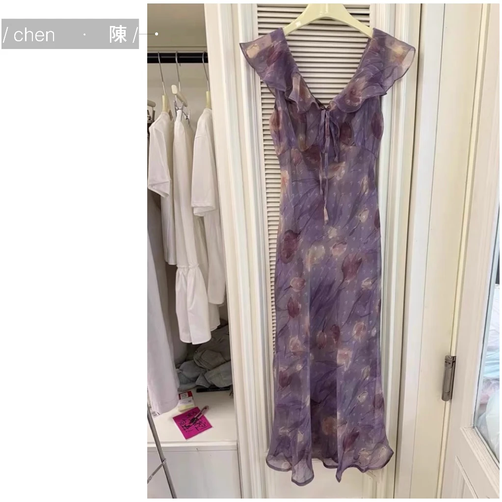 chen·陳新款【紫色韵味】郁金香碎花连衣裙