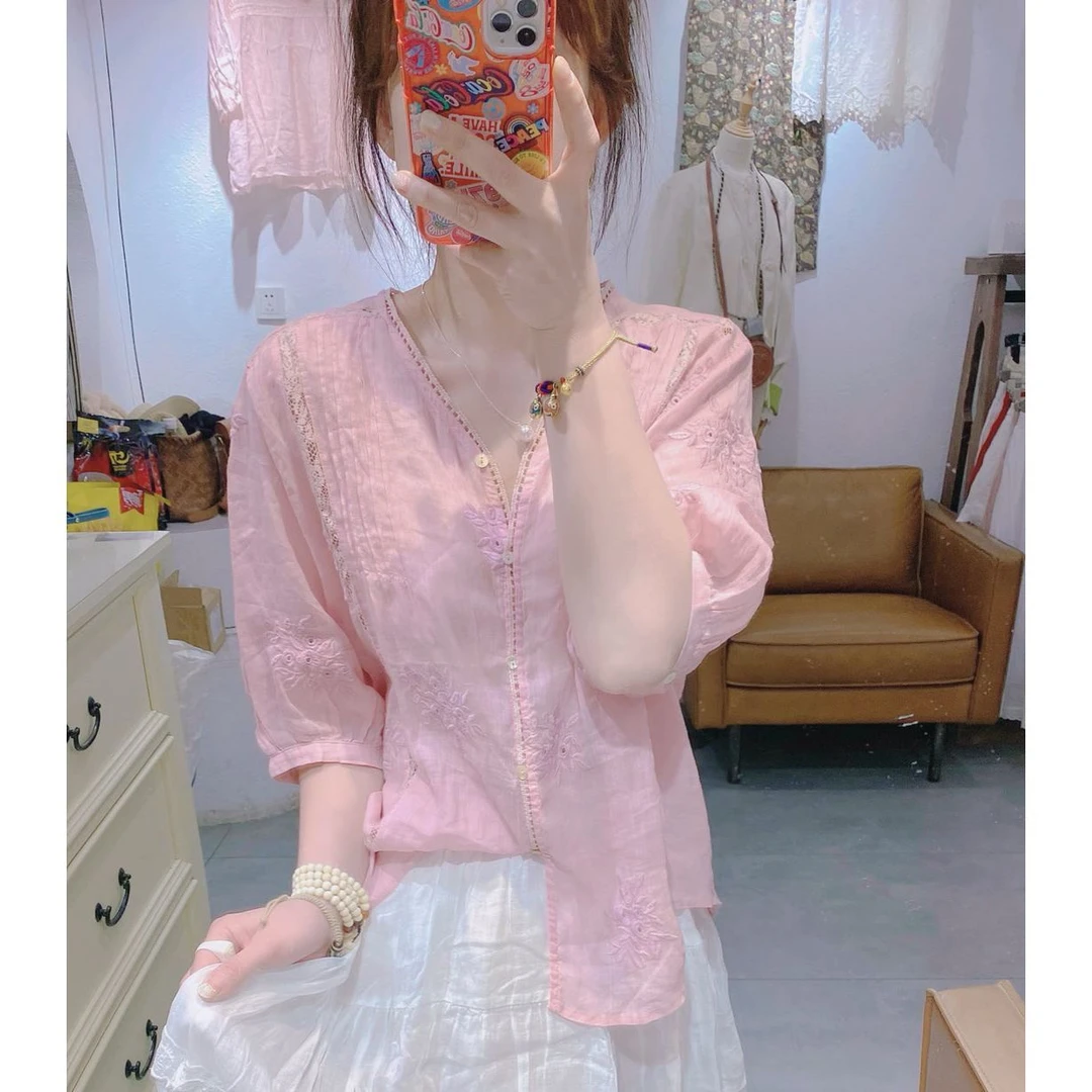 韩系温柔风提花粉色衬衫女2025夏季新款休闲百搭薄款开衫上衣法式