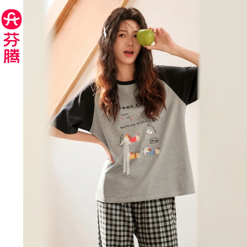 芬腾卡通睡衣女款夏季纯棉短袖长裤薄款2025新款可爱家居服套装