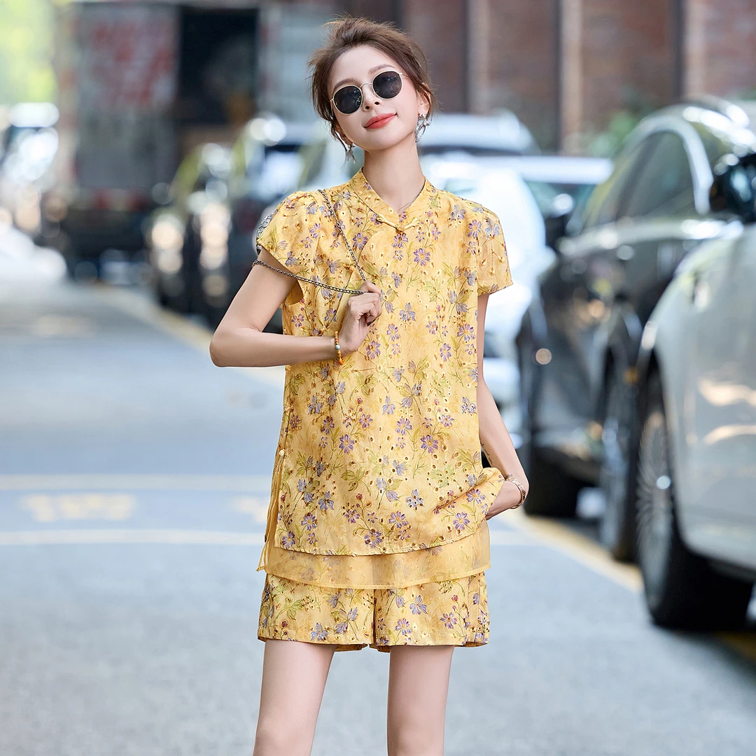 新中式国风短裤套装女2025夏季新款时尚高级感气质印花盘扣两件套