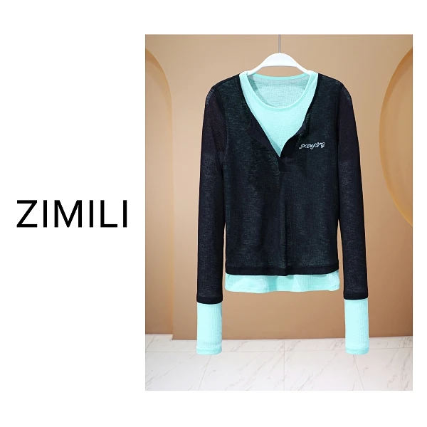 【亮哥女装】2025欧版《梦幻》黑青拼接刺绣假两件气质上衣8001-A9